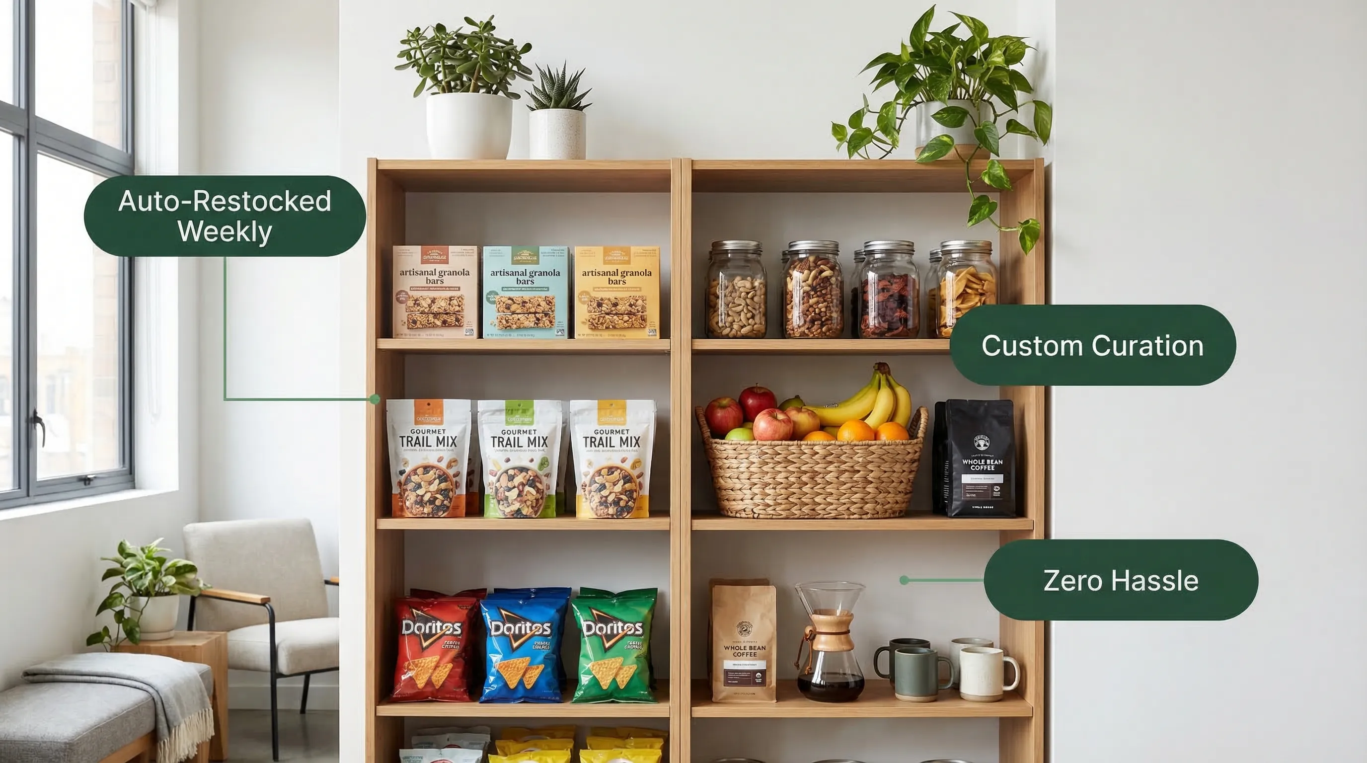 Stocked office pantry with healthy snacks and fresh fruit